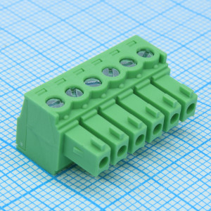 EC381V-06P, Клеммник 6 конт. "гнездо" шаг 3.81 мм с фиксат., провод под винт/микролифт (пров. 28-16AWG/ до 1.5 кв.мм), до 300В/8А, зеленый изол.