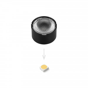 Линза ARL-PM585-U45-D20xH12-HB 032890, Одиночная линза со съемным холдером черного цвета для светодиодов SMD: 2525, 2835, 3030, 3535, 5050. Угол обзора: вертикальный 45°, прозрачная микропризма. Материал PMMA. Диаметр 19.5 мм, высота 11.76 мм.