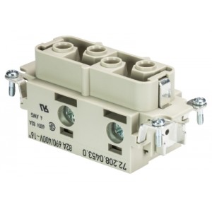 Розеточная контактная вставка 72.208.0453.0, Розеточная контактная вставка, винтовая фиксация, 4 полюса + PE, типоразмер 16B, 690V, 82A, сечение обслуживаемых проводников 6-16 мм кв, тип покрытия контактов: серебро