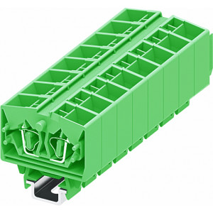 Проходная клемма (MINI) 254396, Проходная клемма, MINI, верхний подвод кабеля, 4 точки подключения, тип фиксации провода: пружинный, номинальное сечение: 2,5 мм кв., 24A, 800V, ширина: 10 мм, цвет: зеленый, тип монтажа: DIN15