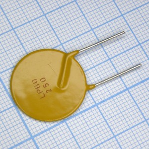 LP60-250F, Самовосстанавливающийся предохранитель PTC 2.5A(hold) 5A(trip) 60V 40A 2.5W 15.6s 0.05Ohm Radial 21.5 X 3.1mm, Bulk