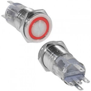 LAS2GQPF-11E/R/N ON-(ON), Кнопка антивандальная металлическая без фиксации с кольцевой красной подсветкой, 3А 250В, резьба М16