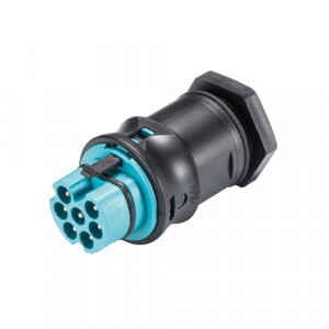 Вилочный разъем в панель RST20I7S 21 M01V TB04, Вилочный разъем в панель, М25, 7 полюсов, с продольным уплотнением, угловой 90 гр., тип фиксации провода: винтовой, номинальные характеристики: 250/400V, 20A, цвет корпуса: черный, цвет контактной вставки: бирюзовый, серия RST Classic