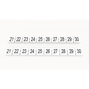Маркировка (в кассетах) ZB10-10P-19-03Z(H), Кассета с маркировочными шильдиками, для клемм сечением 10 мм.кв., верхняя, 10 шильдиков, нанесенные символы: 21...30, с вертикальным расположением, размер шильдика: 9,3 x 10,7 мм, цвет: белый