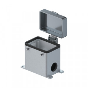 Закрытое основание разъема HD GUT GH 32 M25 69 A1, Основание разъема на панель, закрытое, типоразмер 32A, с уплотнителем, 1 отверстие с резьбой для кабельных вводов M25x1,5, с левым расположением, с двумя защелками, с защитной крышкой, материал корпуса: алюминиевый сплав