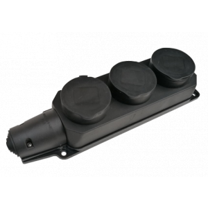 Розетка тройная с заземлением каучук с заглушками 16А IP44 черная 9323 4690612010281