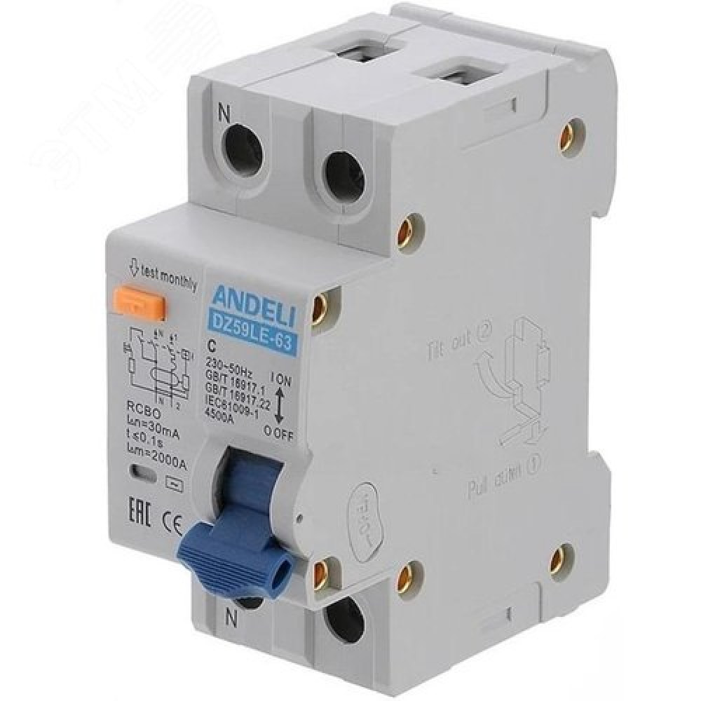 Изображение товара ДИФ. АВТОМАТ DZ59LE-63 1P+N 63A 30MA Х-КА ANDELI