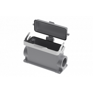 Закрытое основание разъема S24B-SMH-1L.M-PG21-MC, Основание разъема на панель, закрытое, типоразмер 24B, высокое исполнение, с уплотнителем, 1 отверстие с резьбой для кабельных вводов PG21, с одной защелкой, с защитной крышкой, материал корпуса: алюминиевый сплав