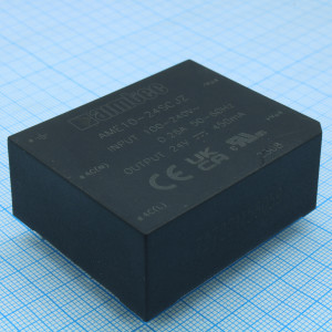 AME10-12SCJZ, AC/DC, 10Вт, вход 85…264В, выход 12В/0.9А, изоляция 3000В AC, КПД 80%, максимальная емкостная нагрузка не более 2400мкФ, 55x45x21мм, -25…70°C, пластик