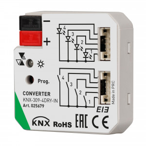 INTELLIGENT ARLIGHT Конвертер KNX-309-4DRY-IN (BUS) 025679, Конвертер KNX 4-х канальный, тип входа "сухой контакт" - для любых типов панелей, датчиков и т.п. с бинарным выходом. Установка в подрозетник. Питание DC 21-30V от шины данных. 4 выхода на индикаторы 5V*25мА. Размер 46х46х11.7 мм.