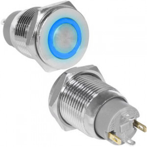 GQ16PF-10ZE/J/B/N OFF-ON, Антивандальная кнопка металлическая с фиксацией с кольцевой синей подсветкой, посадочная резьба М16, контакты под пайку