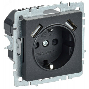Розетка BRITE РЮш10-1-БрЧ 16А с USB A+A 2.1А с заземл. защ. шторки черн. BR-R14-16-U21-D21-K02