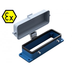 Открытое основание разъема EX 70.325.2428.9, Основание разъема на панель, открытое, типоразмер 24B, взрывозащищита, с уплотнителем, без защелок (упоры для двух защелок), с защитной крышкой, материал корпуса: цинковый сплав