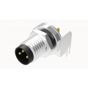 Вилочный разъем SRSH-M8A-03P-MM-SF7003, Вилочный разъем для монтажа на печатную плату, 3 полюса, M8, гайка спереди, угол 180 град., фиксация провода пайкой, A-Code, 3A, 60V, M10*0.75, металл