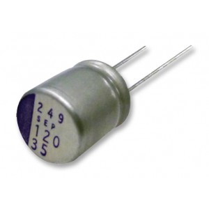 16SEPC470M, Конденсатор алюминиевый полимерный 470мкФ 16В ±20% (10х13мм) шаг радиальных выводов 5мм 0.01Ом 6100мА 5000час 105°С лента на катушке