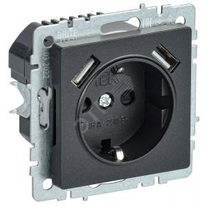 Розетка BRITE РЮш10-1-БрЧ 16А с USB A+A 2.1А с заземл. защ. шторки черн. BR-R14-16-U21-D21-K02