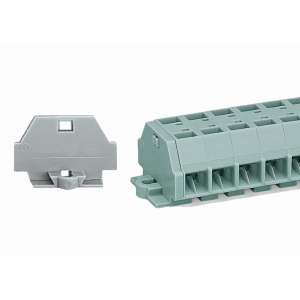 Клеммный блок 241216, Клеммный блок, боковой подвод кабеля, 16 клемм по 4 точки подключения, тип фиксации провода: пружинный, номинальное сечение: 2,5 мм кв., 24A, 500V, цвет: серый, тип монтажа: монтажные фланцы
