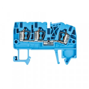 Проходная клемма WKF 2,5/D1/2/35 BL, Проходная клемма, 3 точки подключения, тип фиксации провода: пружинный, номинальное сечение: 2,5 мм кв., 24A, 800V, ширина: 5 мм, цвет: синий, тип монтажа: DIN35