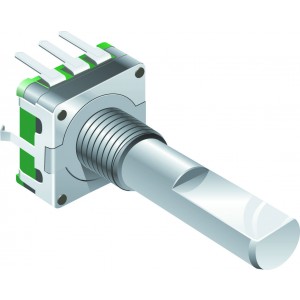 PEC11R-4215F-N0024, Энкодер PEC11, 24 щелчка, 24 импульса, металлический вал с лыской 15мм, горизонтальные выводы, крепление на гайку 7мм