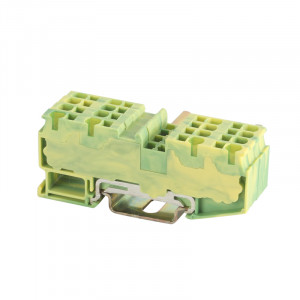 Заземляющая клемма JUT14-4/2-2PE, Заземляющая клемма, 4 точки подключения, тип фиксации провода: пружинный, номинальное сечение: 4 мм кв., 800V, ширина: 6,2 мм, цвет: желто-зеленый, тип монтажа: DIN35