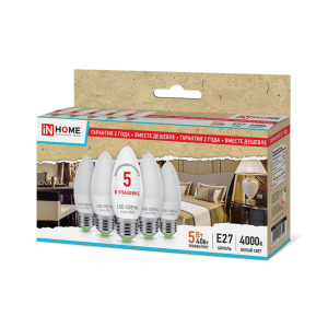 Лампа светодиодная LED-СВЕЧА-ECO 5Вт 230В Е27 4000К 375Лм (5шт в упаковке) 4690612007250