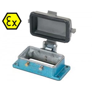 Открытоеоснование разъема EX 99.700.3329.7, Основание разъема на панель, открытое, типоразмер 6B, взрывозащита, с уплотнителем, с одной защелкой, с пластиковой защитной крышкой, материал корпуса: цинковый сплав