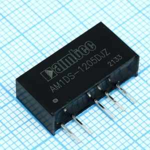 AM1DS-1205DJZ, DC/DC, 1Вт, вход 10.8…13.2В, выход ±5В/±0.01…0.1А, изоляция 1500В DC, КПД 80%, максимальная емкостная нагрузка не более ±1200мкФ, SIP7, 19.65x6x10.16мм, -40…105°C, пластик
