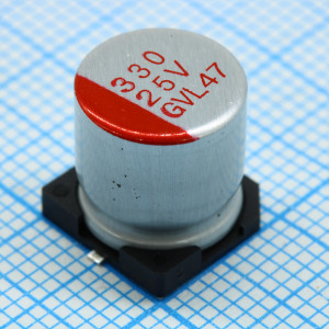 GV1E331MG105000CR0ST, Полимерный гибридный алюминиевый конденсатор 330мкФ 25В ±20% (10 X 10мм) для поверностного монтажа 0.02Ом 2500мА 10000час 105°C лента на катушке
