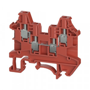 Проходная клемма WTN 2.5 D2/2 RT, Проходная клемма, 4 точки подключения, тип фиксации провода: винтовой, номинальное сечение: 2,5 мм кв., 24A, 1000V, ширина: 5,1 мм, цвет: красный тип монтажа: DIN35