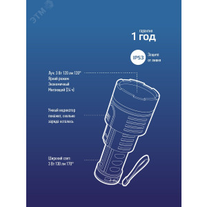 Фонарь аккумуляторный ручной LED 3Вт + COB 3Вт аккум. Li-ion 18650 1.2А.ч индикатор USB-шнур ABS-пластик KOS115Lit