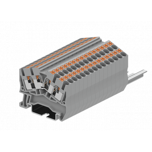 Проходная клемма TPS2.5-4-GY, Проходная клемма, угловая, 4 точки подключения, тип фиксации провода: Push-in, номинальное сечение: 2,5 мм кв., 24A, 800V, ширина: 5,2 мм, цвет: серый, тип монтажа: DIN35