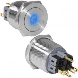 GQ25PF-11ZD/B/N ON-OFF+OFF-ON, Антивандальная кнопка металлическая с фиксацией и с точечной подсветкой, посадочная резьба М25, контакты под пайку
