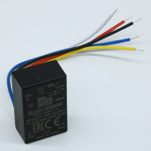 NLDD-1050HW, DC/DC LED понижающий, вход 10…56В, выход 6…52В/1.05А, КПД до 96%, вход On/Off/DIMM, 32.1x20.5x12.5мм, проводные выводы, -40…50°C, пластик