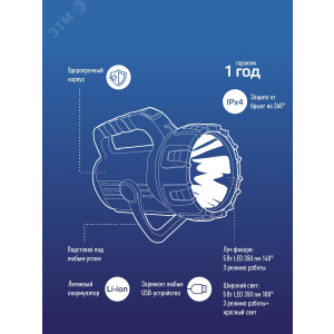 Фонарь аккумуляторный Premium направл. свет 5Вт COB 5Вт литиевый аккум. 3.6А.ч ЗУ Micro USB шнур (в компл.) KOSAc8010WLith
