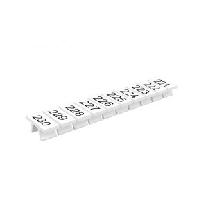 Маркировка (полоска) 305801/221...230V, Маркировочные шильдики, для клемм сечением 2,5 мм.кв., боковая / верхняя, 10 шильдиков, нанесенные символы: 221...230, с вертикальным расположением, размер шильдика: 5,2 x 10,5 мм, цвет: белый