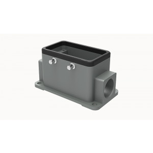 Закрытое основание разъема D10B-SF-4g-2M20, Основание разъема на панель, закрытое, типоразмер 10B, с уплотнителем, 2 отверстия с резьбой для кабельных вводов M20x1,5, без защелок (упоры для двух защелок), без защитной крышки, материал корпуса: алюминиевый сплав