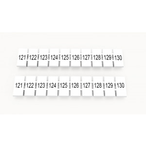 ZB5-10P-19-45Z(H), Маркировочные шильдики для клемм WS…, DC…, PC…, сечением 2,5 мм кв., центральная, 10 шильдиков, нанесенные символы: 121-130 с вертикальным расположением, размер шильдика: 4,55х10,7 мм, цвет белый