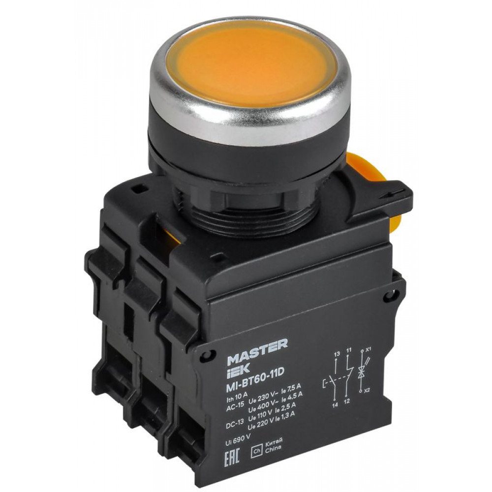 Изображение товара Кнопка с подсветкой d=22мм 1NO+1NC жёлтая MASTER MI-BT60-11D-3-12-K05