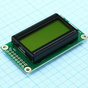 WH0802A1-YYK-CT#, ЖКИ знакосинтезирующий 8 x 2, STN Желто-зеленый Позитивный/прозрачно-отражающий светодиодная подсветка желто-зеленая интерфейс 6800, размер 58x32 мм, видимая область 38х16 мм, питание 5В, -20...70°C, контактные площадки 2 ряда слева 16 выводов