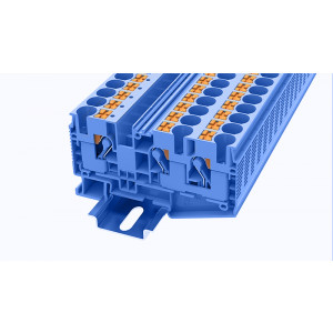 DS10-TW-01P-12-00Z(H), Проходная клемма, 3 точки подключения, тип фиксации провода: Push-in, номинальное сечение: 10 мм кв., 57A, 1000V, ширина: 10,2 мм, цвет: синий, втычная перемычка, тип монтажа: DIN35