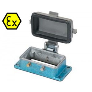 Открытое основание разъема EX 99.704.3329.7, Основание разъема на панель, открытое, типоразмер 24B, взрывозащита, с уплотнителем, без защелок (упоры для двух защелок), с пластиковой защитной крышкой, материал корпуса: цинковый сплав