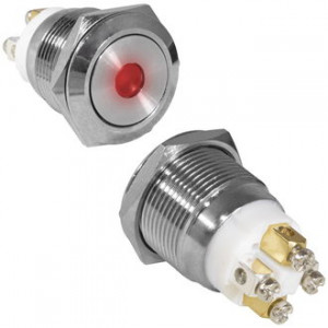 GQ19F-10D/R/N OFF-(ON), Антивандальная кнопка металлическая без фиксации с красной подсветкой, посадочная резьба М19, контакты под винт
