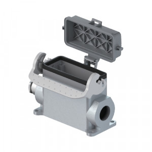 Закрытое основание разъема BAS GUT GS 24HM32 A0, Основание разъема на панель, закрытое, типоразмер 24B, высокое исполнение, с уплотнителем, 1 кабельный ввод M32x1,5, IP54, с левым расположением, с одной защелкой, с пластиковой защитной крышкой, материал корпуса: алюминиевый сплав