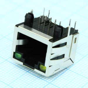 TRJE101AGNL, Разъем экран. "гнездо" RJ-45, 2 верх. светодиод. (лев.желт./прав.зел.), с лепестк., от - 40 до + 85 гр.C, пр. угол на плату, Lк. = 15.8 мм  (аналог RJHSE-5381*/ TJ18-L8P8C-4* Lк. = 15.8мм/ 615008137421*)