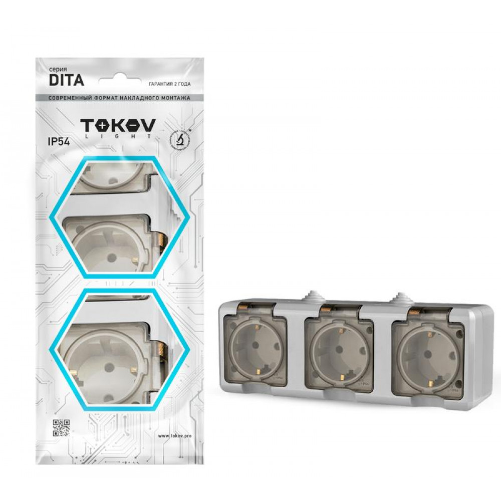 Изображение товара Розетка 3-м ОП Dita 16А IP54 с заземлением и крышкой