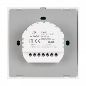 Панель ARL-2022-RGB (12-24V, 3x4A, Sens) 029931, Встраиваемая сенсорная панель (Европейский стандарт) для управления RGB светодиодными лентами, цвет белый. 3 канала, питание DC 12-24V, ток нагрузки 3x4A, мощность нагрузки 144-288W. Габариты 89х89х40 мм.