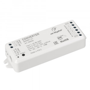 Конвертер SMART-C1 (12V, RF-0/1-10V, 2.4G) 025036, Конвертер RF сигнала от пультов серии SMART в сигнал 0-10V. Напряжение питания 12VDC/230VAC, выходной сигнал 0-10V, нагрузочная способность 20mA/канал, 4 канала. Корпус - PVC. Габариты 114х38х20 мм.