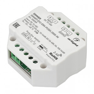 Диммер SMART-D12-DIM-PUSH-2000-IN (12-48V, 1x6A, 2.4G) 028289, Диммер для монохромной светодиодной ленты (ШИМ) с функцией Push-Dim. Питание/рабочее напряжение 12-24VDC, максимальный ток 6A на канал при напряжении (DC12-24V) и 3А на канал при напряжении (DC36-48V), 1 канал. Максимальная мощность для 12-24V - 72-144W,