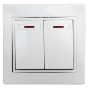 1-105-01 Выключатель двойной с подсветкой, 10А-250В, IP20, СУ, Plano, белый (10/200/2400) Б0027603