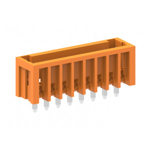 Вилочный разъем на плату 438204, Вилочный разъем, вертикальный, на плату, шаг: 3.81 мм, 4 полюса, фиксация на плате пайкой, исполнение: стандартное, 160V, 10A, цвет: оранжевый